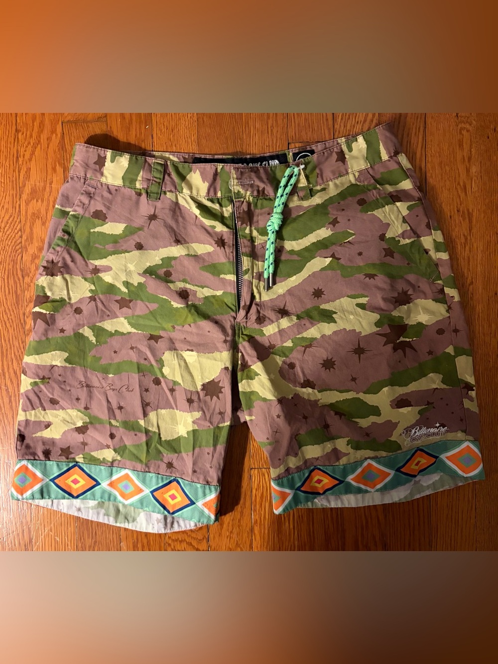 Billionaire Boys Club Green Camouflage Board Shorts with Geo Hem
